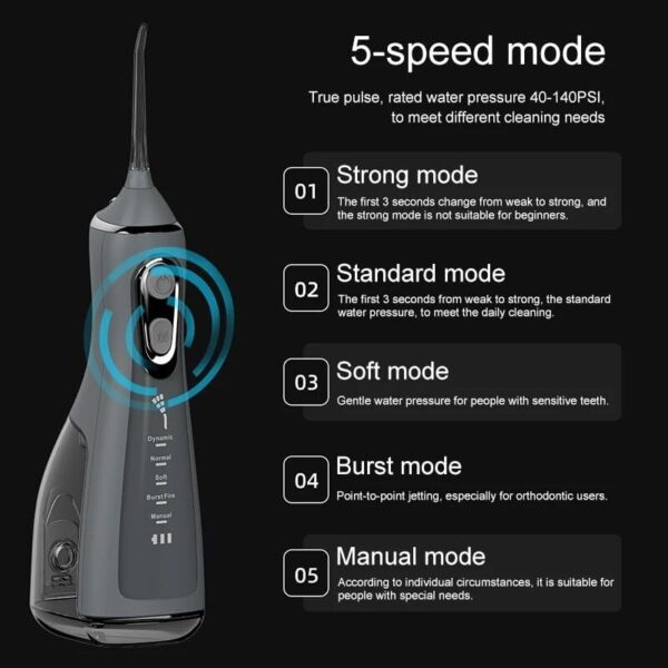 Water Dental Flosser Pick for Teeth: 5 Cleaning Modes Cordless Portable with 4 Heads - Waterproof Flossing Cleaning Picks for Home Travel
