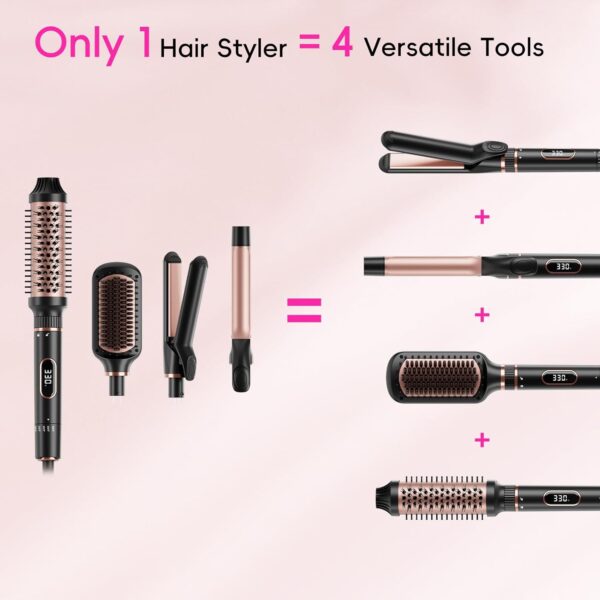 Hair Straightening Brush Set with Thermal Brush Flat Iron, 1 Inch Ceramic Curling Iron, 5 Adjustable Temps Professional Fast Heat with Glove, Dual Voltage for Travel