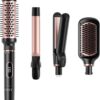 Hair Straightening Brush Set with Thermal Brush Flat Iron, 1 Inch Ceramic Curling Iron, 5 Adjustable Temps Professional Fast Heat with Glove, Dual Voltage for Travel