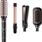 Hair Straightening Brush Set with Thermal Brush Flat Iron, 1 Inch Ceramic Curling Iron, 5 Adjustable Temps Professional Fast Heat with Glove, Dual Voltage for Travel