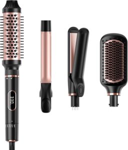 Hair Straightening Brush Set with Thermal Brush Flat Iron, 1 Inch Ceramic Curling Iron, 5 Adjustable Temps Professional Fast Heat with Glove, Dual Voltage for Travel