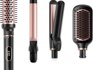 Hair Straightening Brush Set with Thermal Brush Flat Iron, 1 Inch Ceramic Curling Iron, 5 Adjustable Temps Professional Fast Heat with Glove, Dual Voltage for Travel
