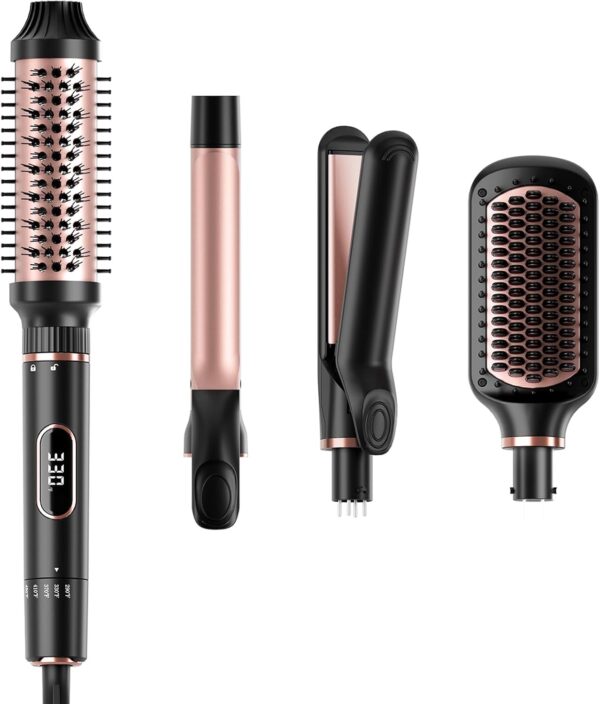 Hair Straightening Brush Set with Thermal Brush Flat Iron, 1 Inch Ceramic Curling Iron, 5 Adjustable Temps Professional Fast Heat with Glove, Dual Voltage for Travel