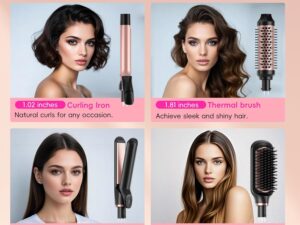 Hair Straightening Brush Set with Thermal Brush Flat Iron, 1 Inch Ceramic Curling Iron, 5 Adjustable Temps Professional Fast Heat with Glove, Dual Voltage for Travel